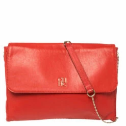 Carolina Herrera Crimson Red Leather Flap Chain Shoulder Bag Women