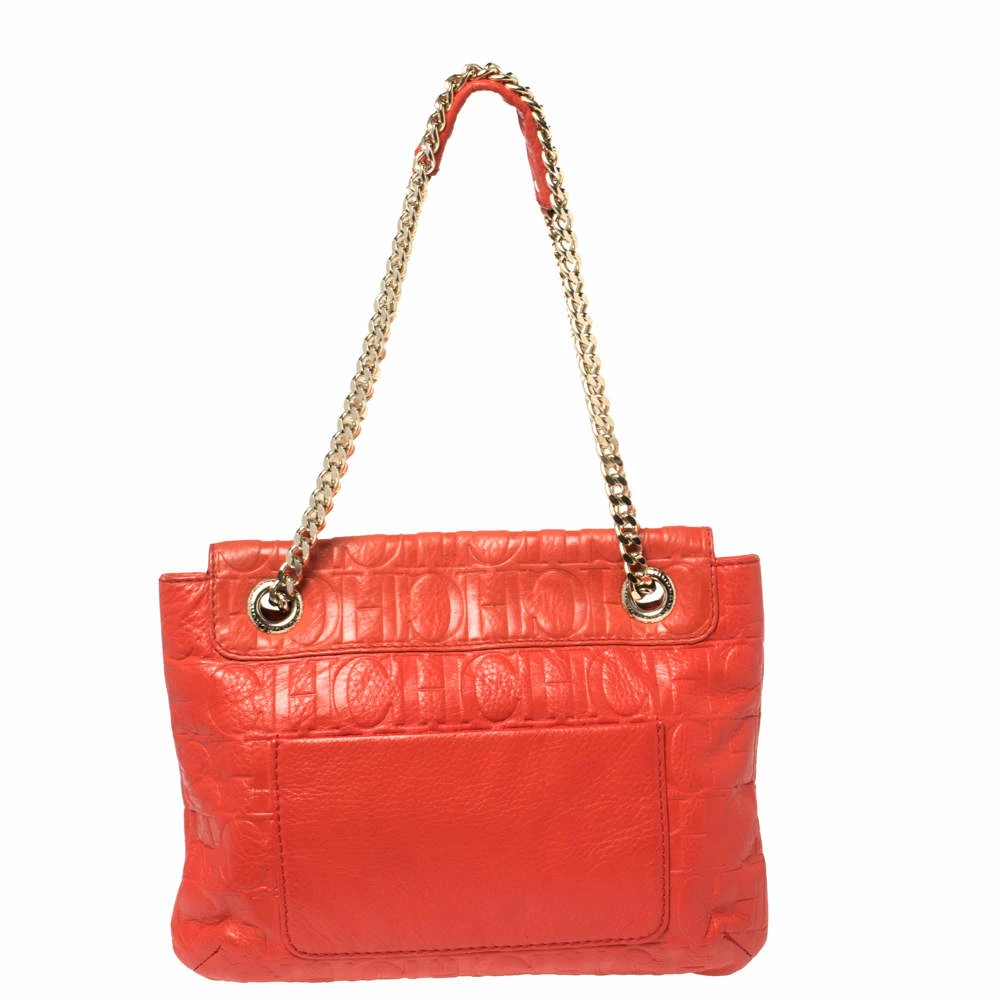 Carolina Herrera Orange Monogram Leather Audrey Shoulder Bag Women