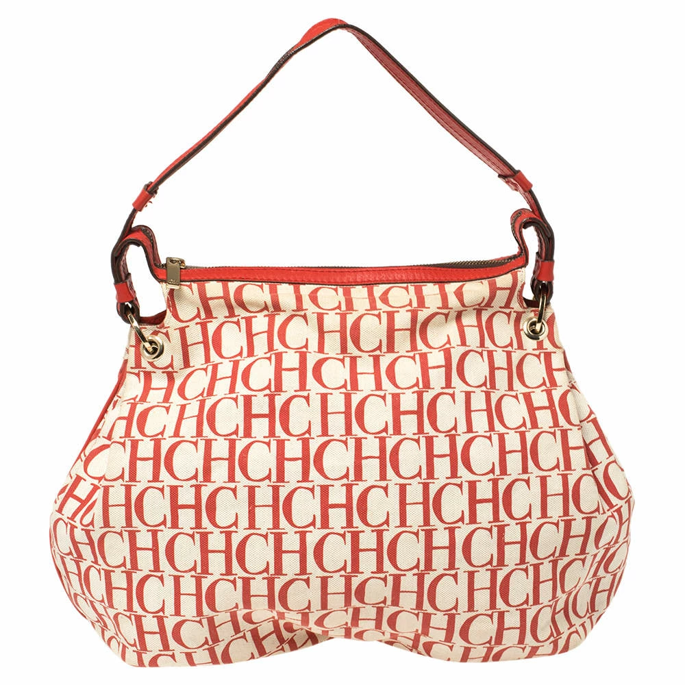 Carolina Herrera Red Signature Canvas and Leather Double Strap Hobo Women