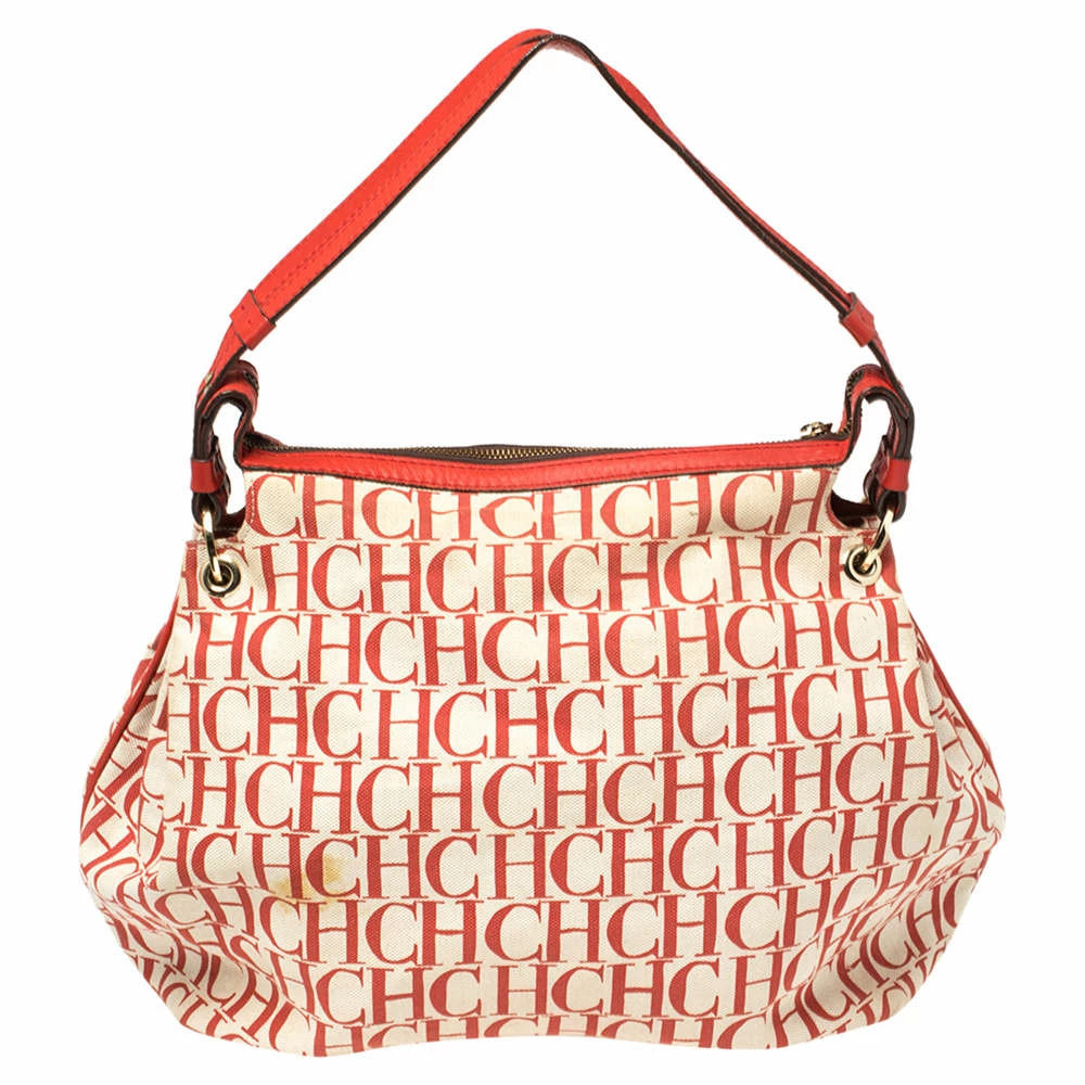 Carolina Herrera Red Signature Canvas and Leather Double Strap Hobo Women