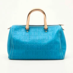 Carolina Herrera Blue Leather Monogram Embossed Andy Boston Satchel Women