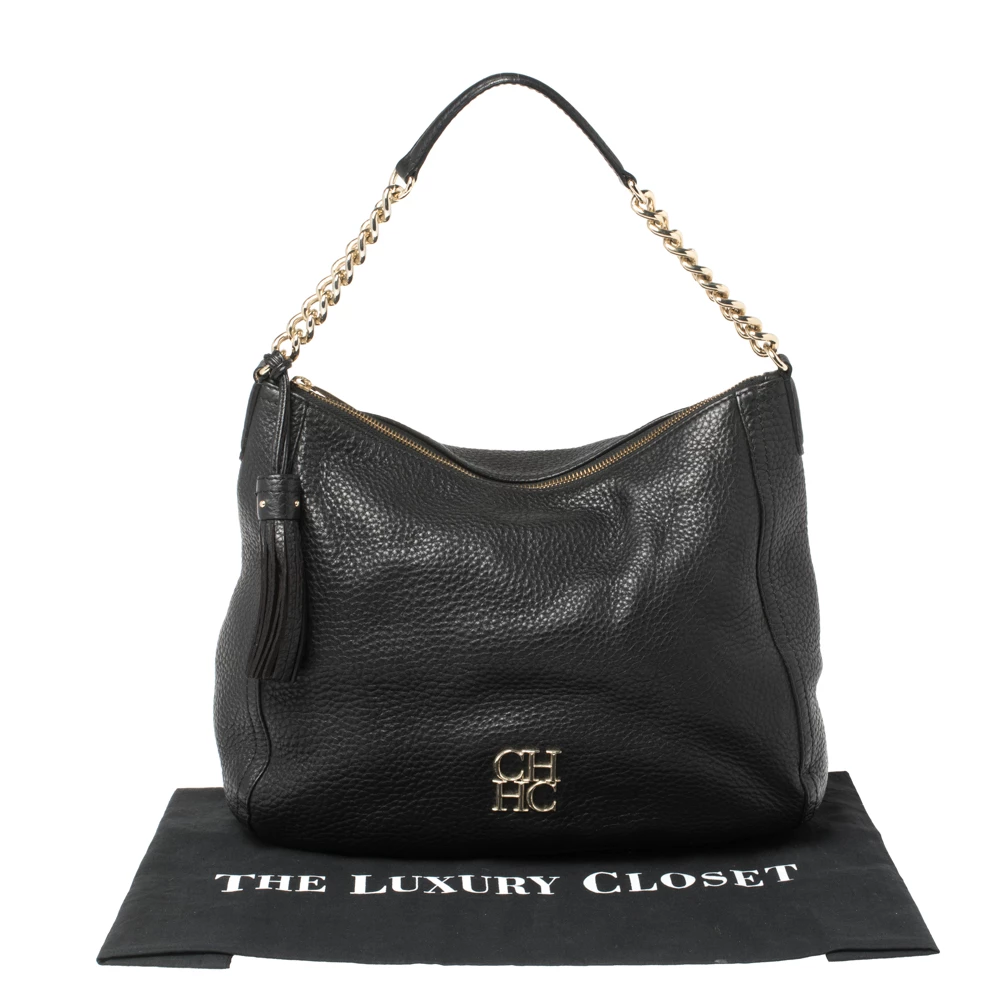 Carolina Herrera Black Leather Tassel Chain Hobo Women