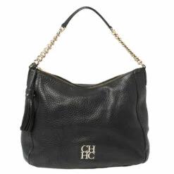 Carolina Herrera Black Leather Tassel Chain Hobo Women