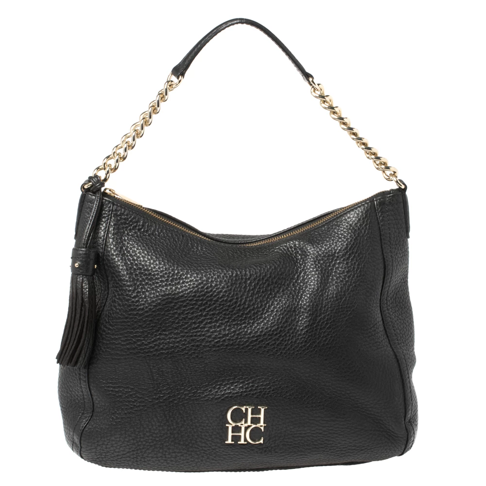 Carolina Herrera Black Leather Tassel Chain Hobo Women