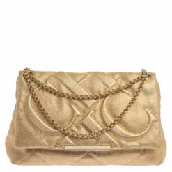 Carolina Herrera Metallic Gold Quilted Leather Flap Chain Shoulder Bag Women