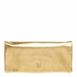 Carolina Herrera Gold Leather Flap Logo Clutch Women
