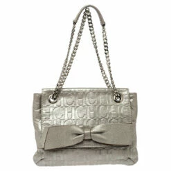 Carolina Herrera Silver Embossed Leather Audrey Shoulder Bag Women