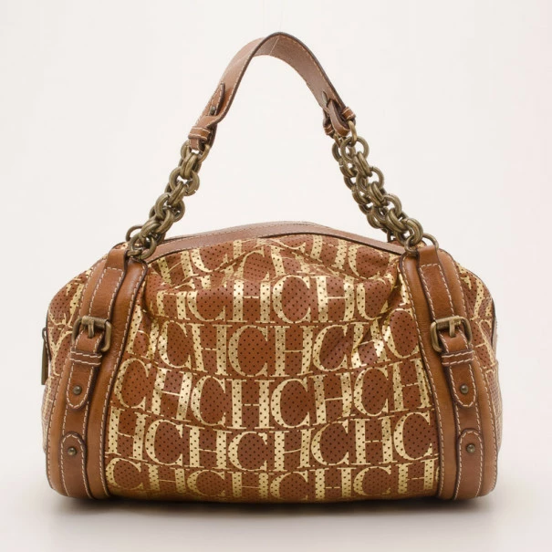 Carolina Herrera Brown and Gold Perforated Handbag Women