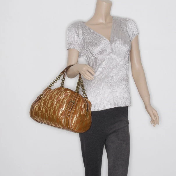 Carolina Herrera Brown and Gold Perforated Handbag Women