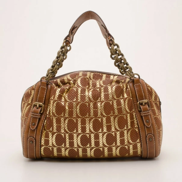 Carolina Herrera Brown and Gold Perforated Handbag Women