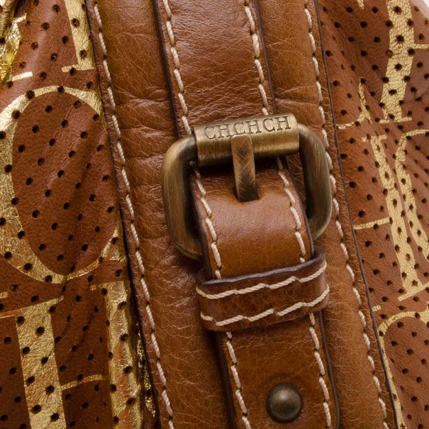 Carolina Herrera Brown and Gold Perforated Handbag Women