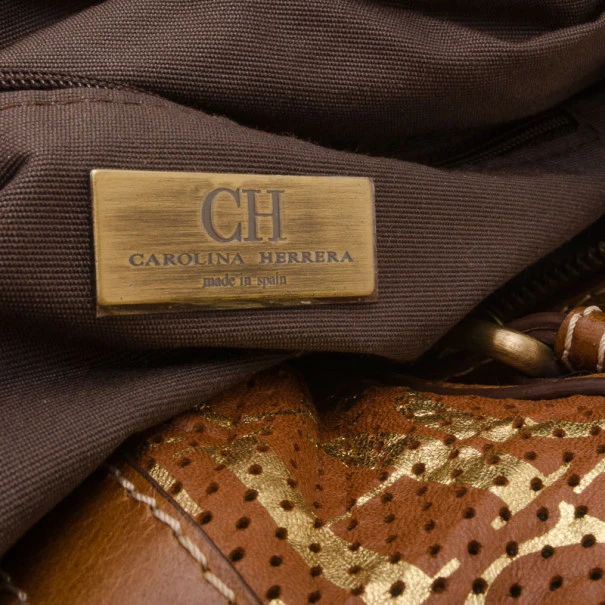 Carolina Herrera Brown and Gold Perforated Handbag Women