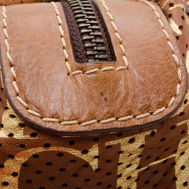 Carolina Herrera Brown and Gold Perforated Handbag Women