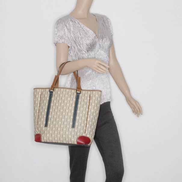 Carolina Herrera Beige Monogram Tote with Multicolor Trim Women