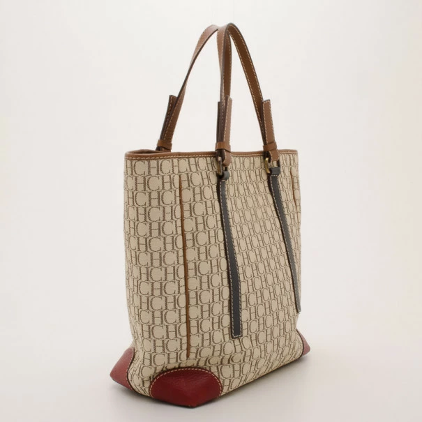 Carolina Herrera Beige Monogram Tote with Multicolor Trim Women
