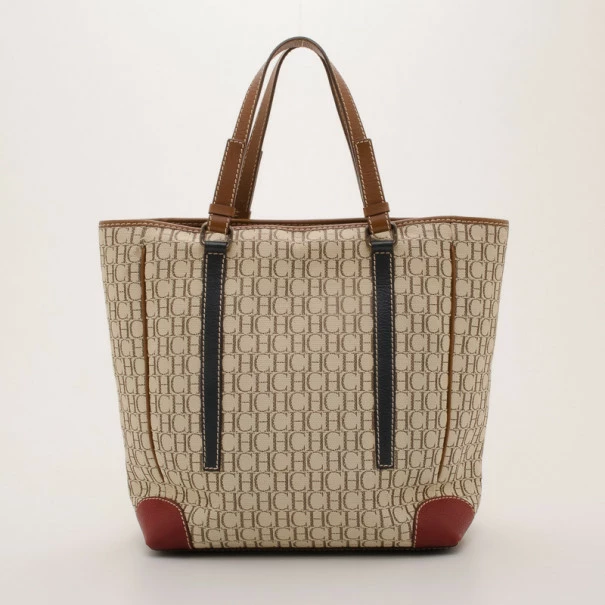 Carolina Herrera Beige Monogram Tote with Multicolor Trim Women