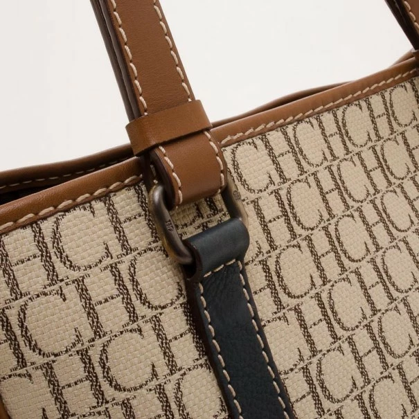 Carolina Herrera Beige Monogram Tote with Multicolor Trim Women