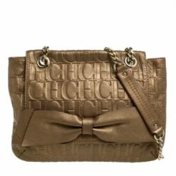 Carolina Herrera Gold Monogram Leather Audrey Shoulder Bag Women