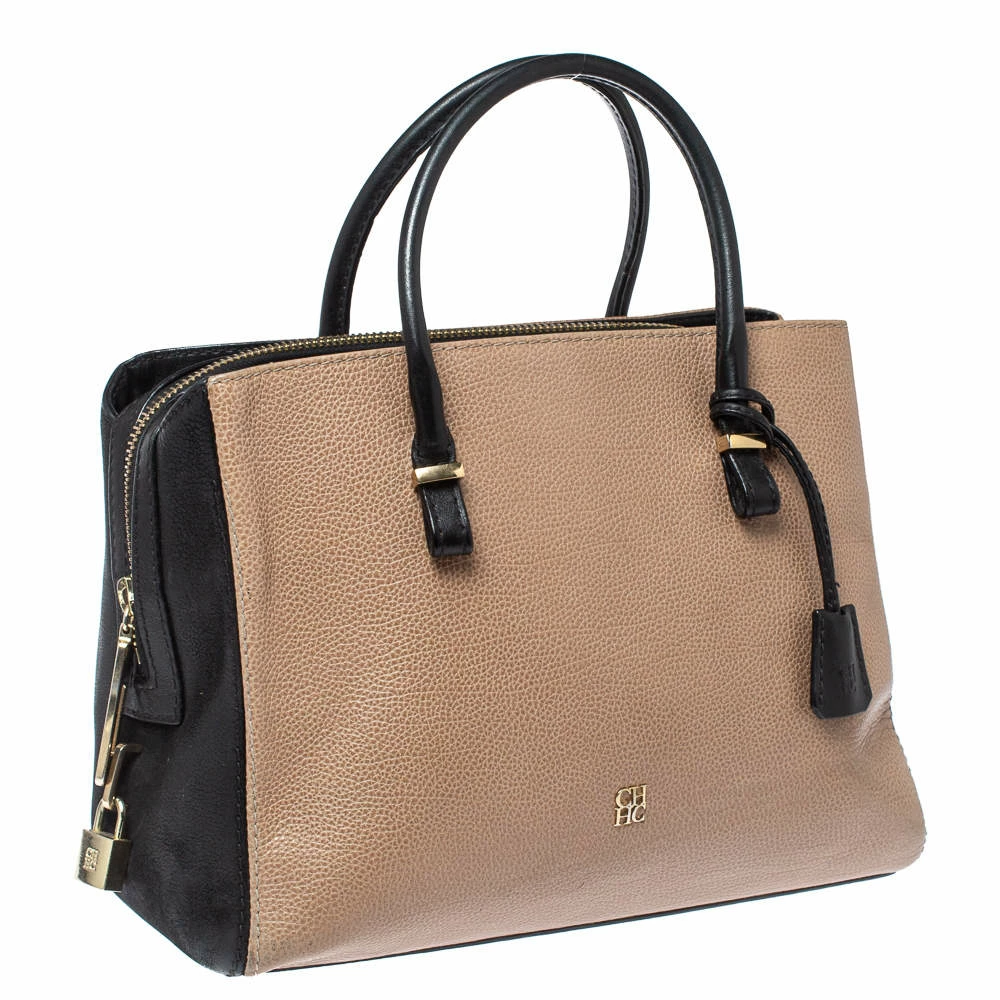 Carolina Herrera Black/Beige Leather Zip Tote Women