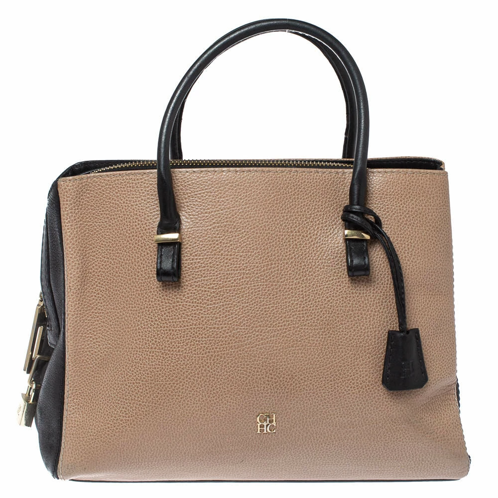 Carolina Herrera Black/Beige Leather Zip Tote Women