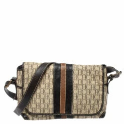 Carolina Herrera Beige/Brown Monogram Canvas And Leather Flap Shoulder Bag Women