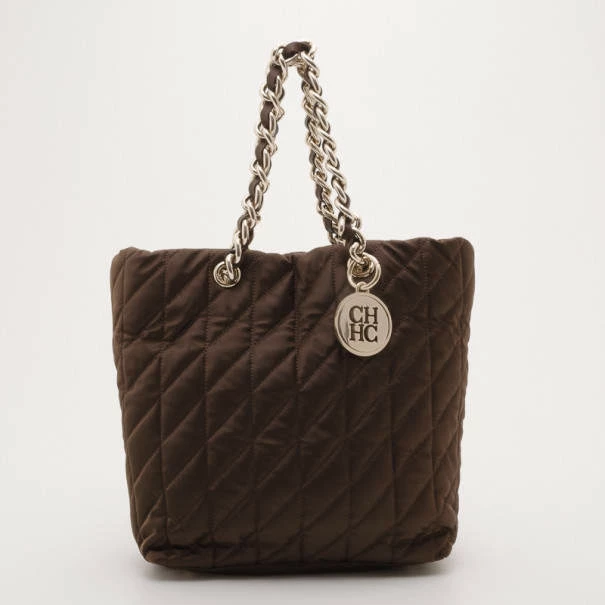 Carolina Herrera Brown Quilted Nylon Tote Women