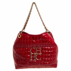 Carolina Herrera Red Croc Embossed Patent Leather Logo Chain Shoulder Bag Women