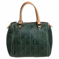 Carolina Herrera Dark Green Monogram Leather Andy Boston Bag Women