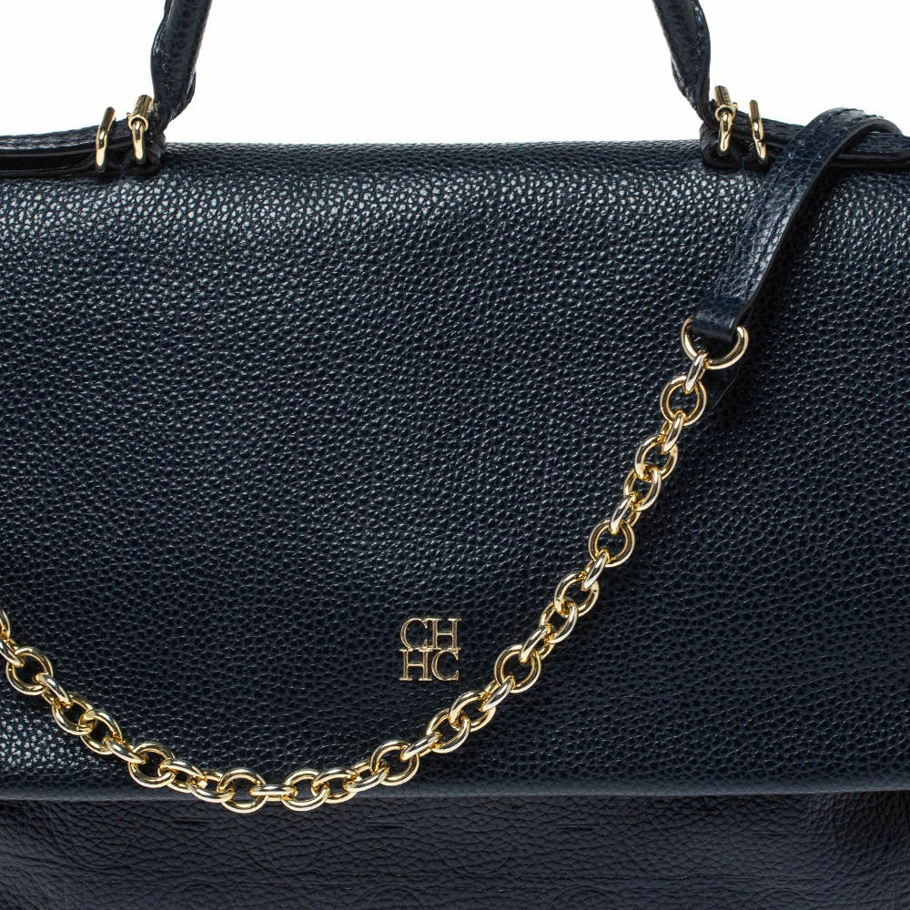 Carolina Herrera Navy Blue Monogram Embossed Leather Minuetto Flap Top Handle Bag Women