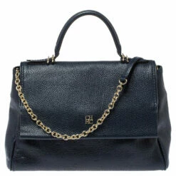 Carolina Herrera Navy Blue Monogram Embossed Leather Minuetto Flap Top Handle Bag Women