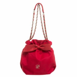Carolina Herrera Red Nylon And Leather Bow Drawstring Hobo Women