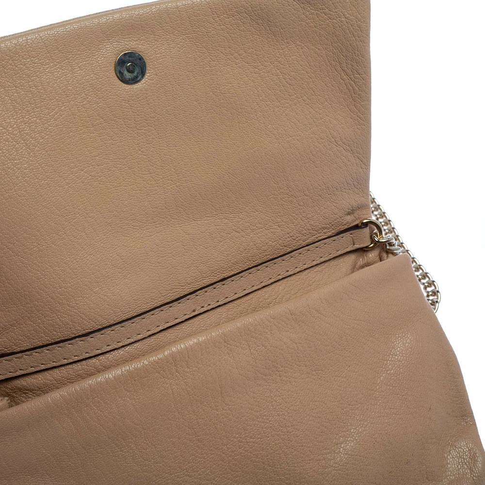 Carolina Herrera Beige Quilted Embossed Leather Flap Chain Clutch Women