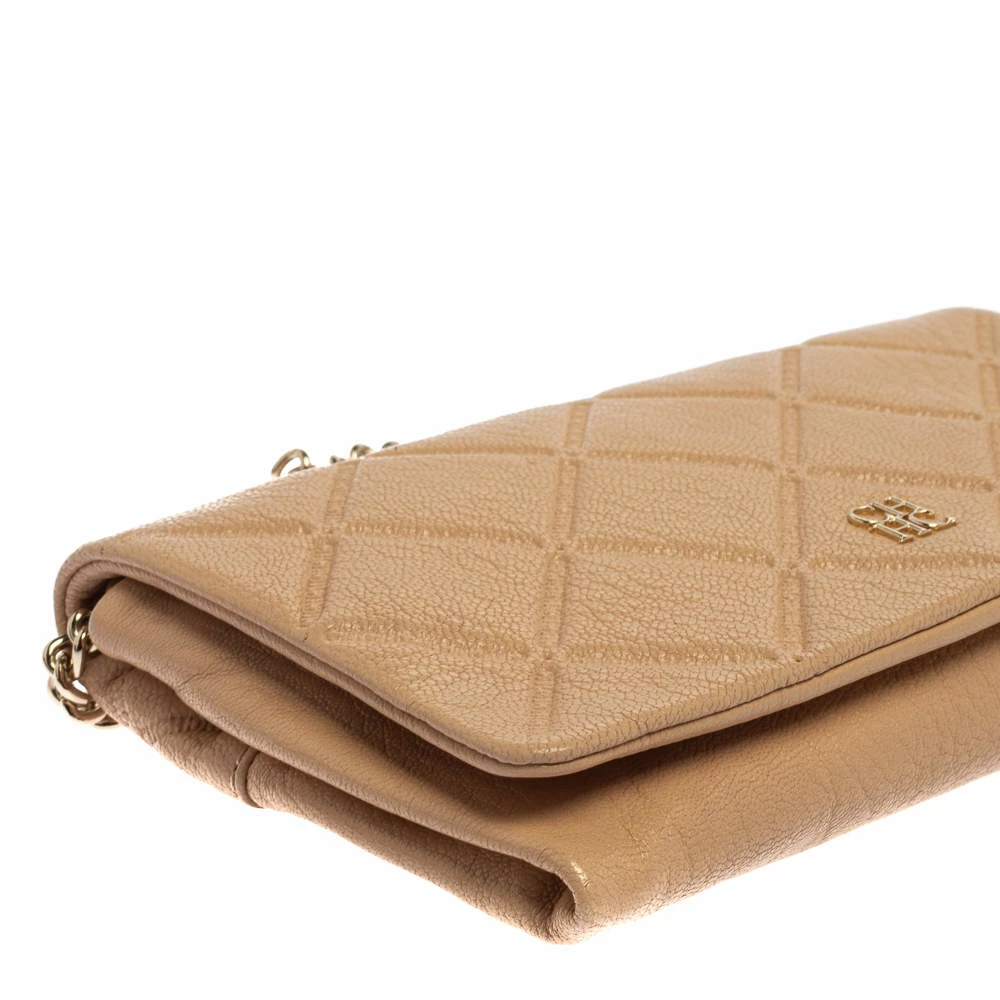 Carolina Herrera Beige Quilted Embossed Leather Flap Chain Clutch Women