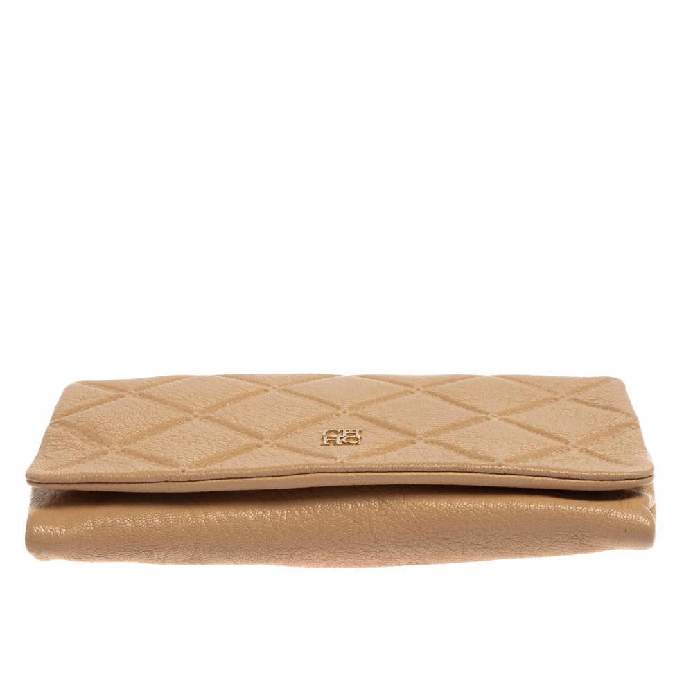 Carolina Herrera Beige Quilted Embossed Leather Flap Chain Clutch Women