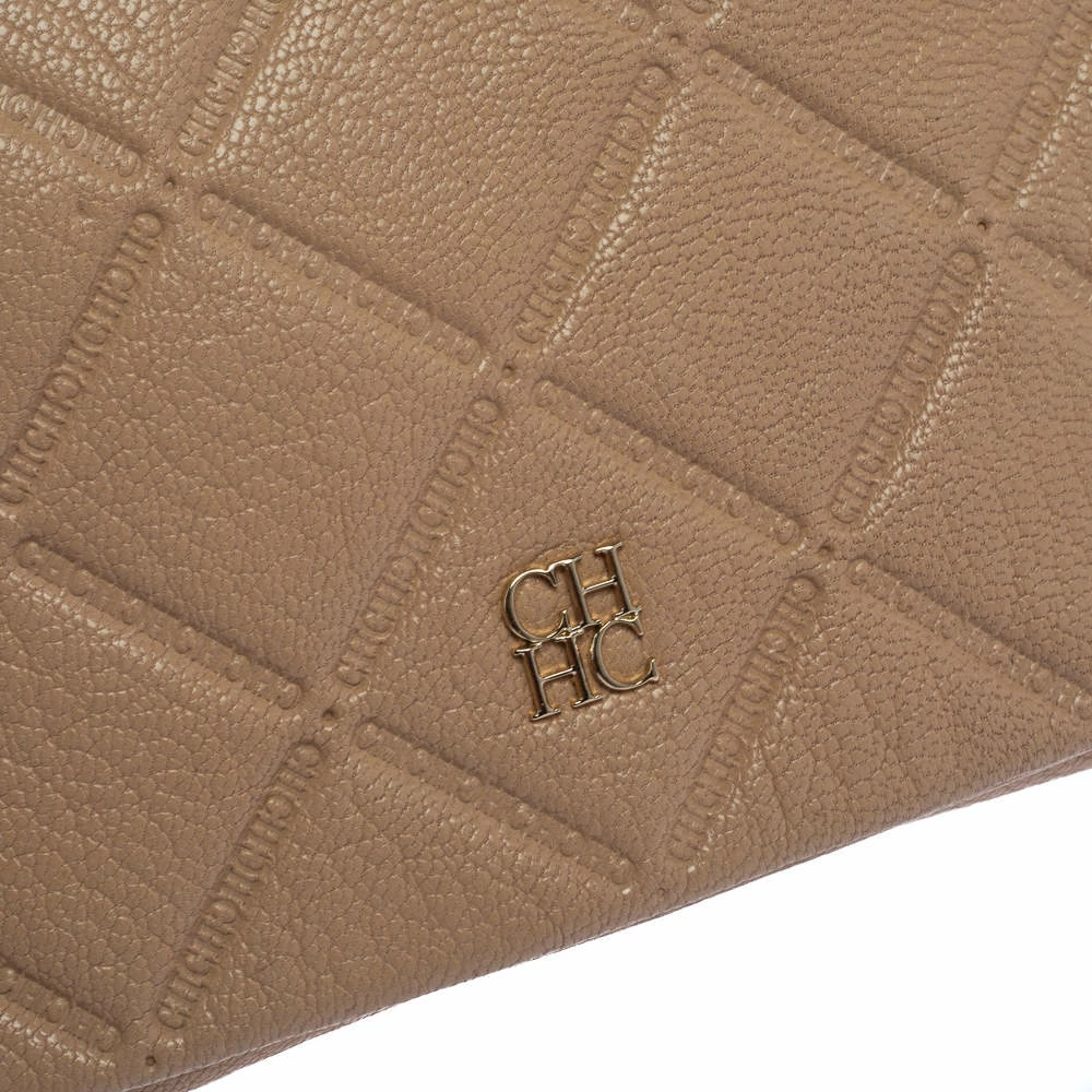 Carolina Herrera Beige Quilted Embossed Leather Flap Chain Clutch Women