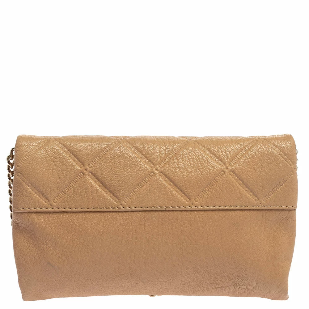 Carolina Herrera Beige Quilted Embossed Leather Flap Chain Clutch Women