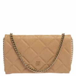Carolina Herrera Beige Quilted Embossed Leather Flap Chain Clutch Women