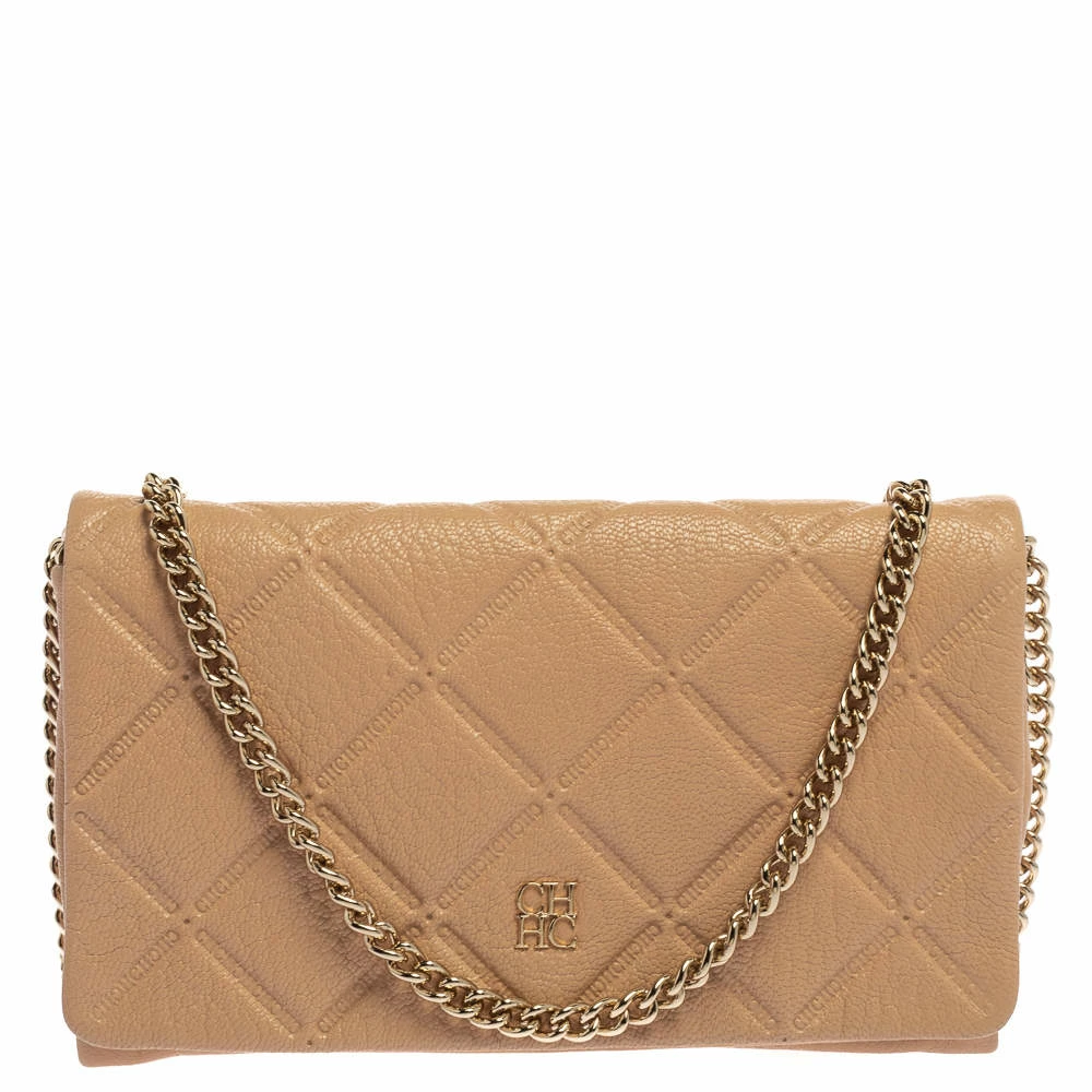 Carolina Herrera Beige Quilted Embossed Leather Flap Chain Clutch Women