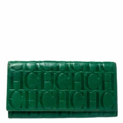 Carolina Herrera Green Monogram Leather Oversize Continental Wallet Women