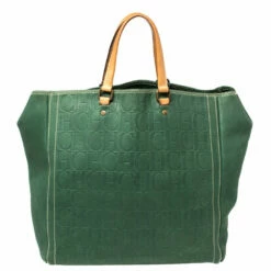 Carolina Herrera Green/Beige Embossed Leather Andy Tote Women