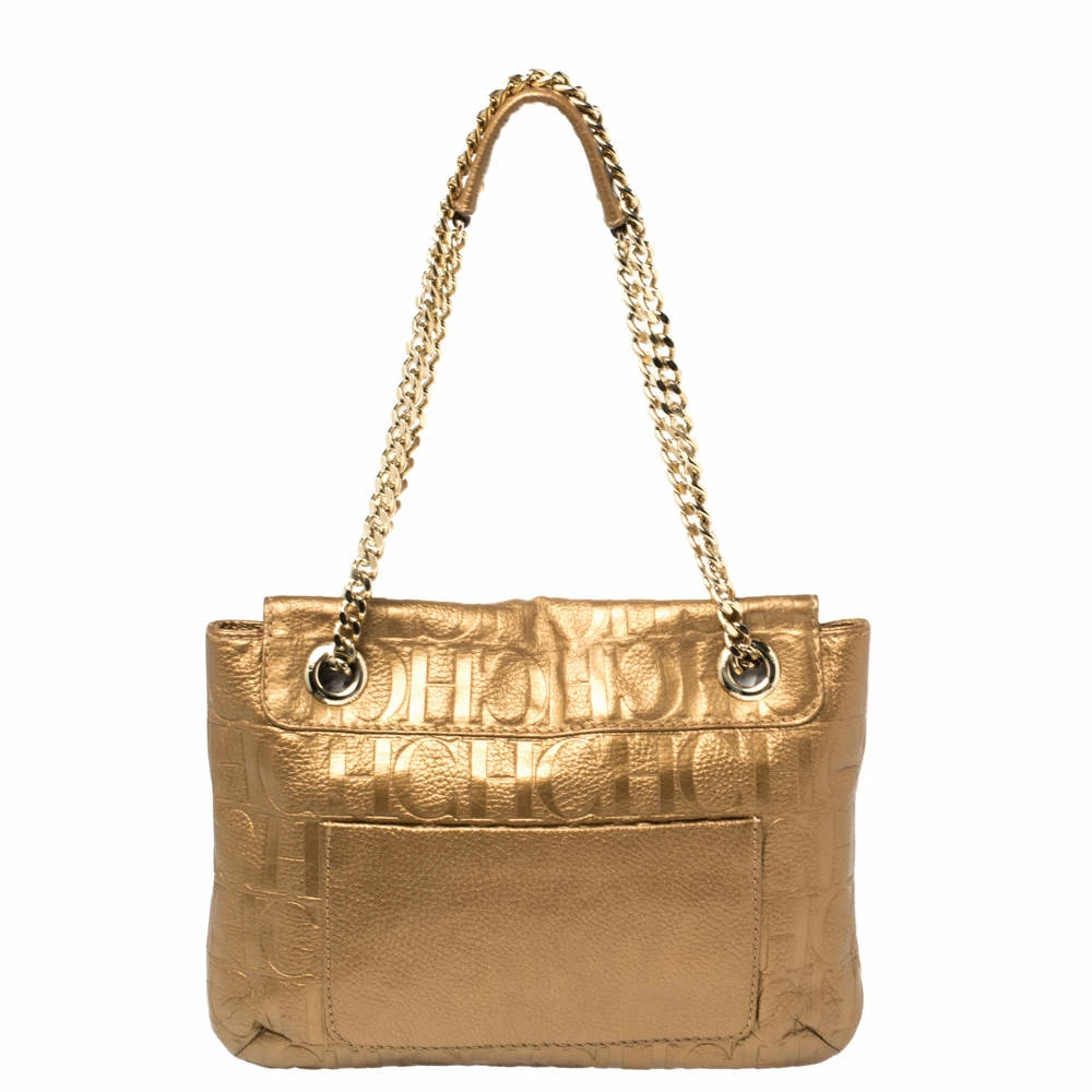 Carolina Herrera Gold Monogram Leather Audrey Shoulder Bag Women