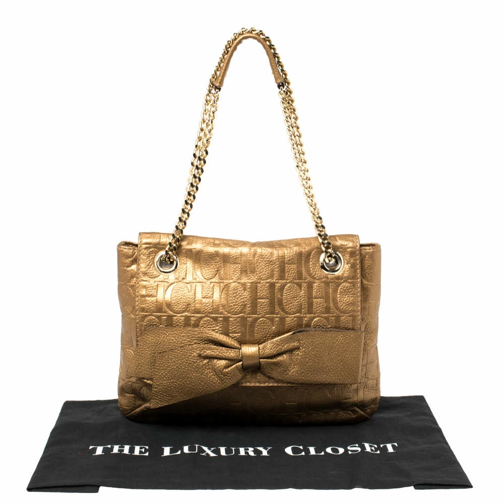 Carolina Herrera Gold Monogram Leather Audrey Shoulder Bag Women