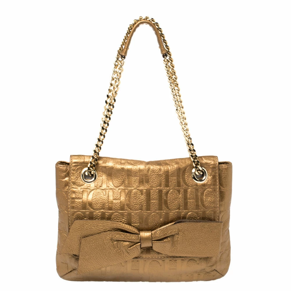 Carolina Herrera Gold Monogram Leather Audrey Shoulder Bag Women