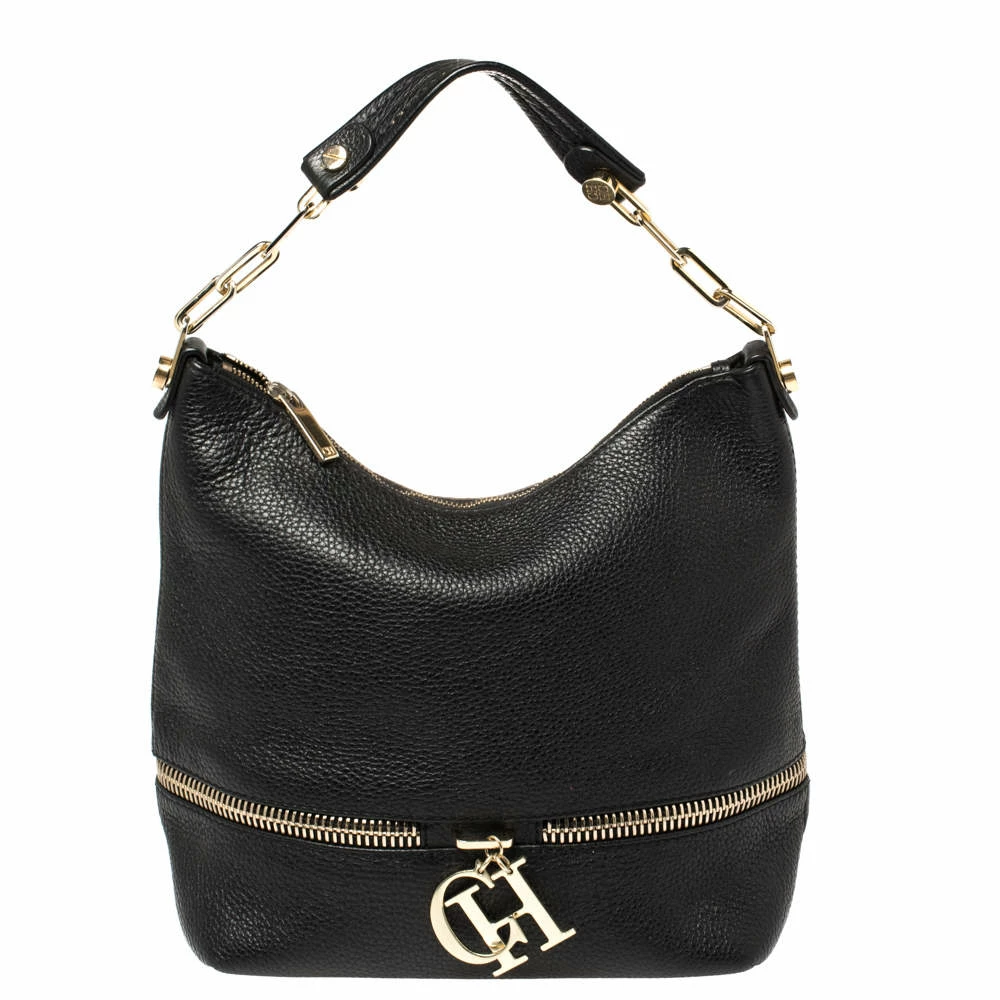 Carolina Herrera Black Leather Zipped Hobo Women