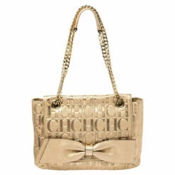 Carolina Herrera Gold Monogram Leather Audrey Shoulder Bag Women