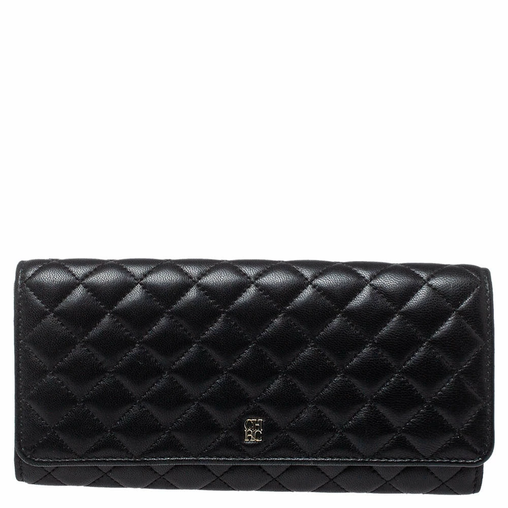 Carolina Herrera Black Quilted Leather Flap Wallet Women