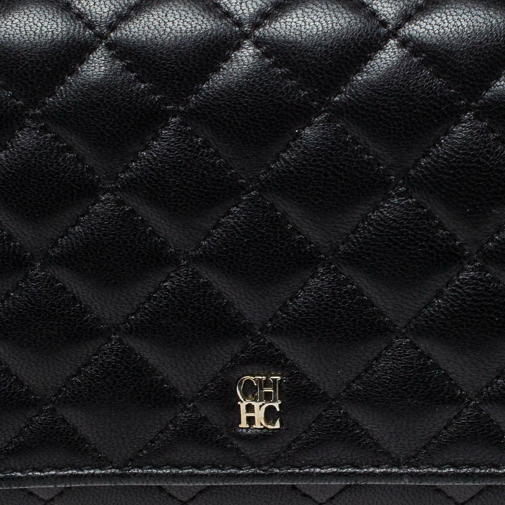 Carolina Herrera Black Quilted Leather Flap Wallet Women