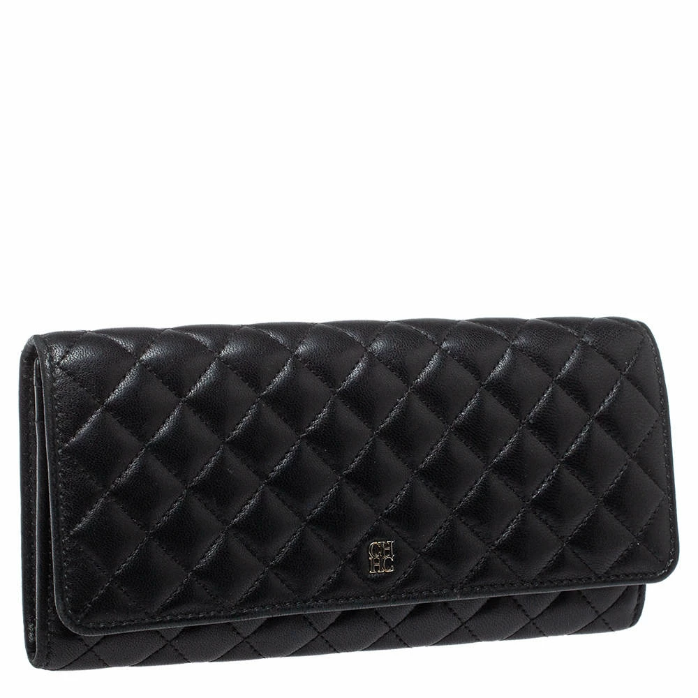 Carolina Herrera Black Quilted Leather Flap Wallet Women