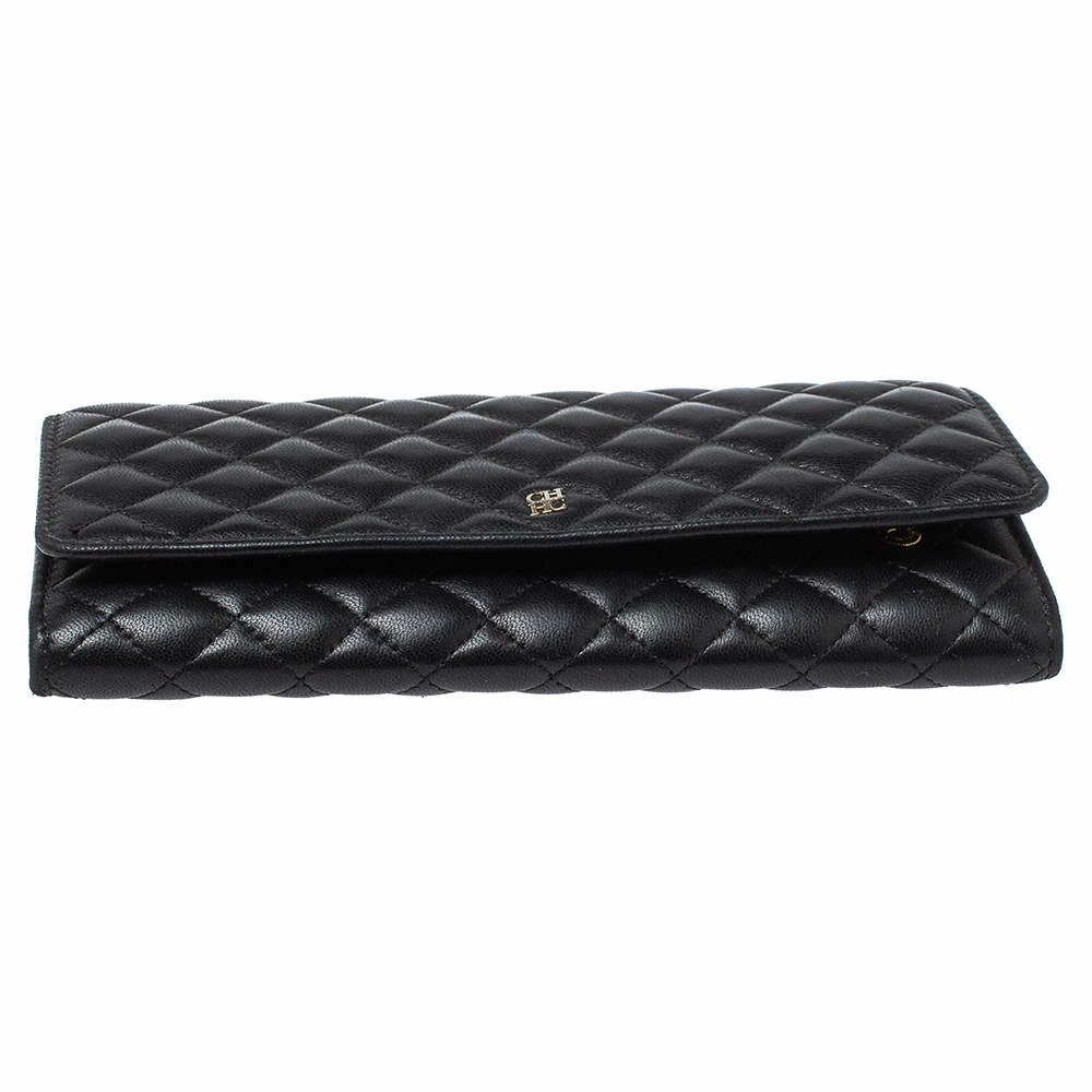 Carolina Herrera Black Quilted Leather Flap Wallet Women