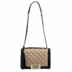 Carolina Herrera Beige/Black Quilted Leather Flap Shoulder Bag Women